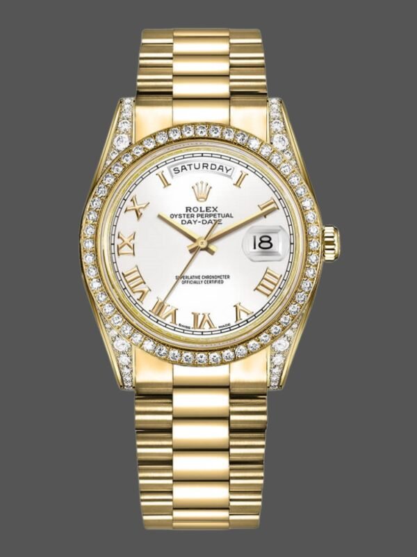 Rolex Day-Date 118388 Yellow Gold White Roman Numeral Dial 36MM Unisex Replica Watch - Image 1