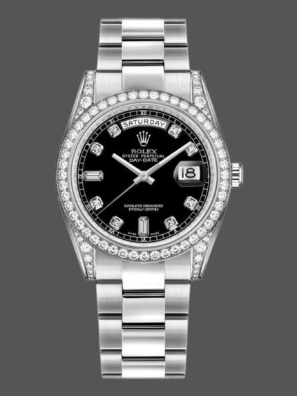 Rolex Day-Date 118389 Diamond Bezel Black Diamond Dial 36MM Unisex Replica Watch