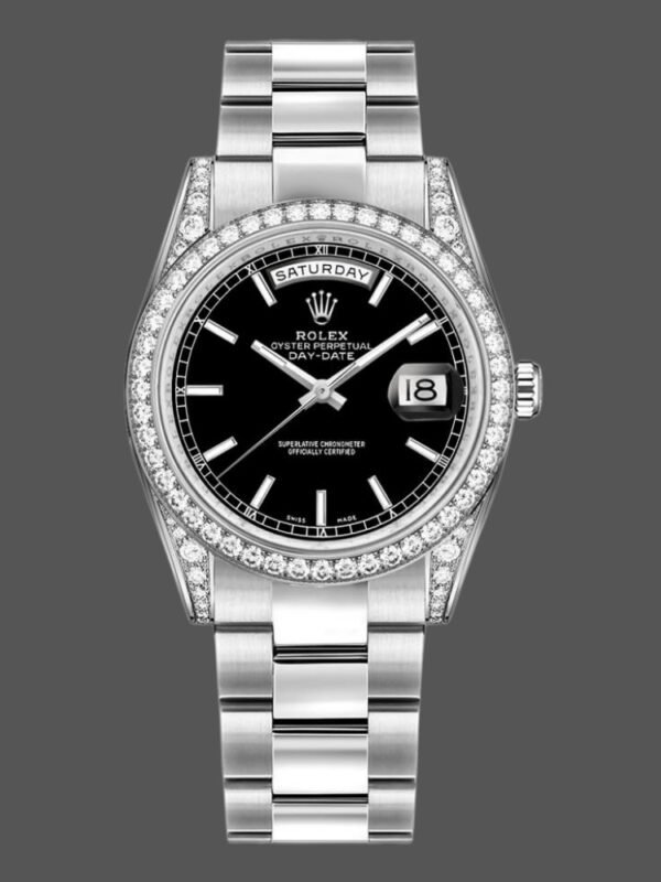 Rolex Day-Date 118389 Diamond Bezel Black Index Dial 36MM Unisex Replica Watch - Image 1