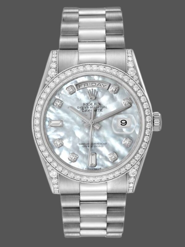 Rolex Day-Date 118389 Diamond Bezel MOP White Dial 36MM Unisex Replica Watch - Image 1