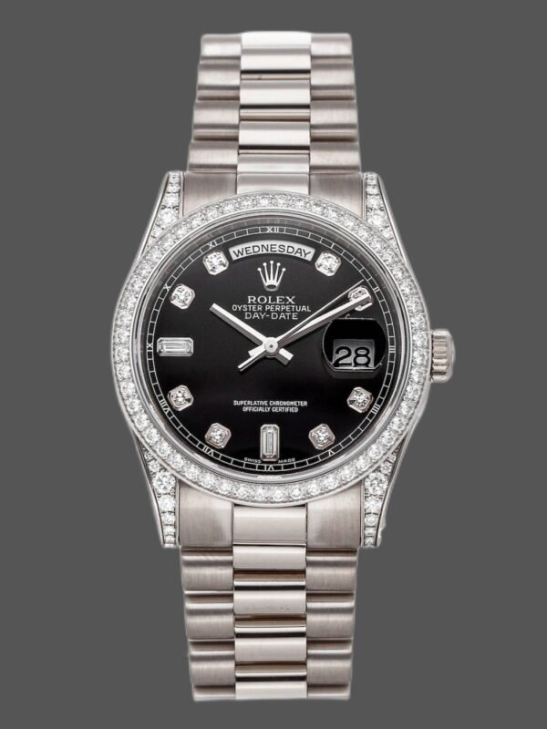 Rolex Day-Date 118389 White Gold Black Diamond Dial 36MM Unisex Replica Watch - Image 1