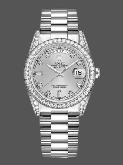 Rolex Day-Date 118389 White Gold Silver Diamond dial 36MM Unisex Replica Watch
