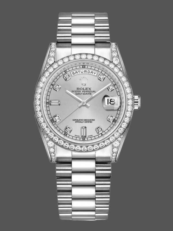 Rolex Day-Date 118389 White Gold Silver Diamond dial 36MM Unisex Replica Watch - Image 1