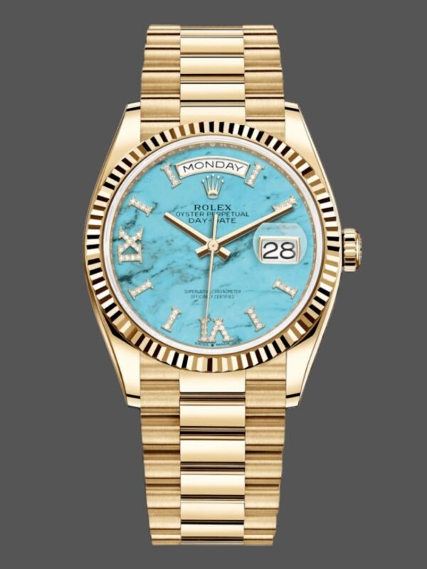 Rolex Day-Date 128238 Fluted Bezel Turquoise Diamond Dial 36MM Unisex Replica Watch - Image 1
