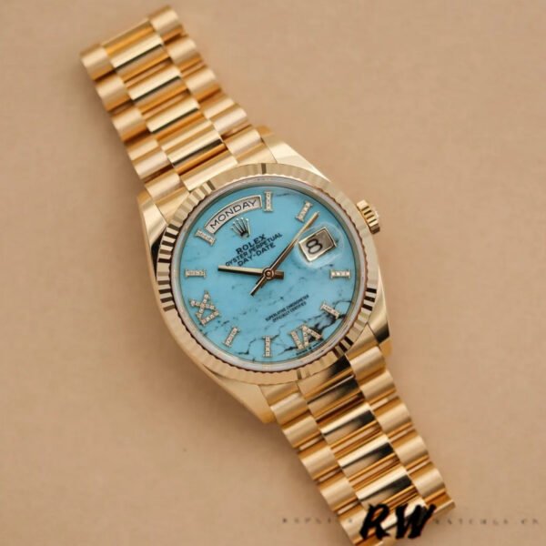 Rolex Day-Date 128238 Fluted Bezel Turquoise Diamond Dial 36MM Unisex Replica Watch - Image 3
