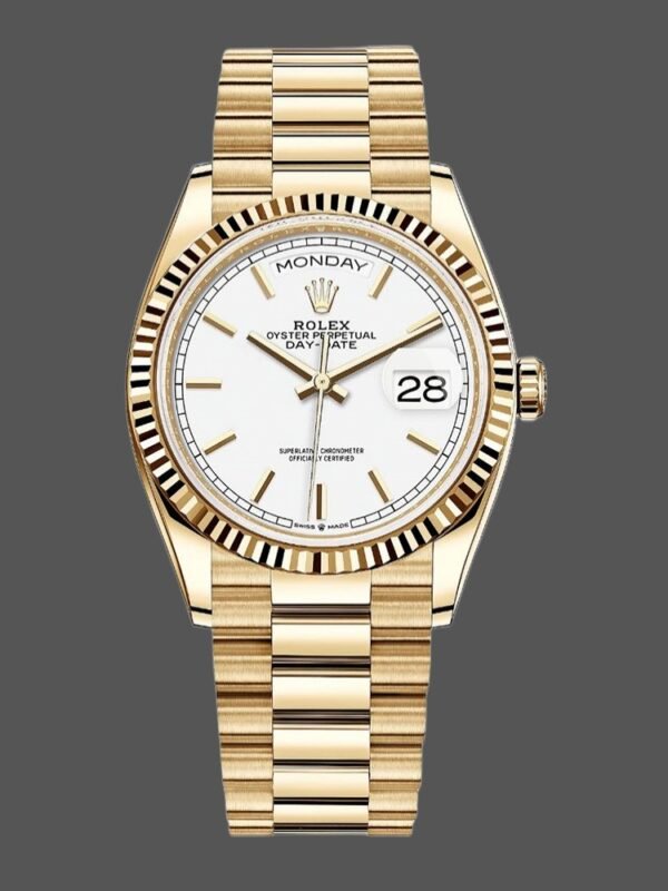 Rolex Day-Date 128238 Fluted Bezel White Index Dial 36MM Unisex Replica Watch - Image 1