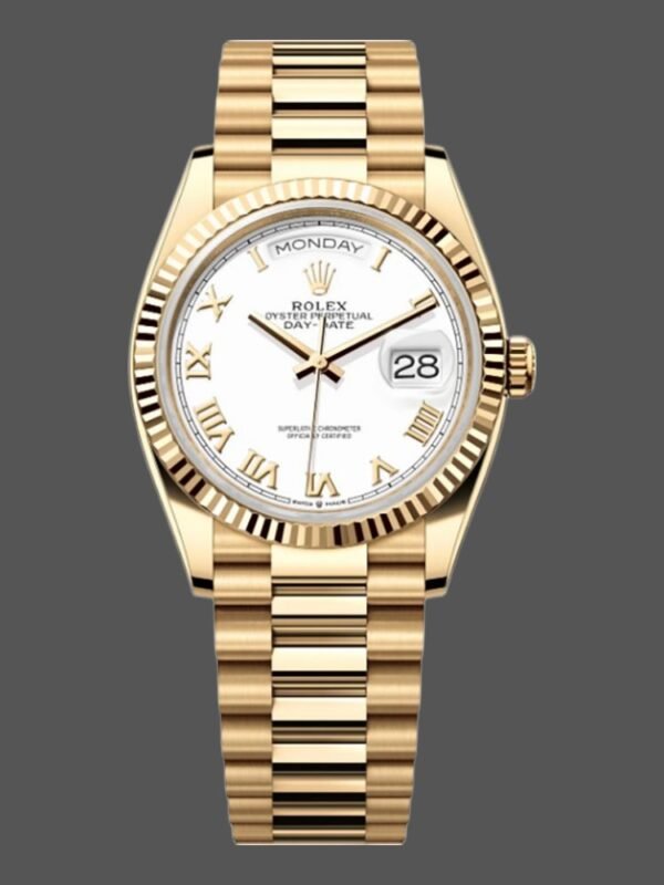Rolex Day-Date 128238 Fluted Bezel White Roman Dial 36MM Replica Watch - Image 1