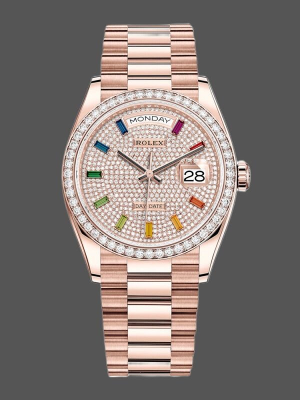 Rolex Day-Date 128345RBR Diamond Paved Dial Everose Gold 36MM Unisex Replica Watch - Image 1