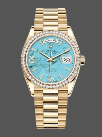 Rolex Day-Date 128348RBR Turquoise Diamond Dial Yellow Gold 36MM Unisex Replica Watch
