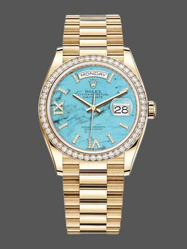 Rolex Day-Date 128348RBR Turquoise Diamond Dial Yellow Gold 36MM Unisex Replica Watch - Image 1