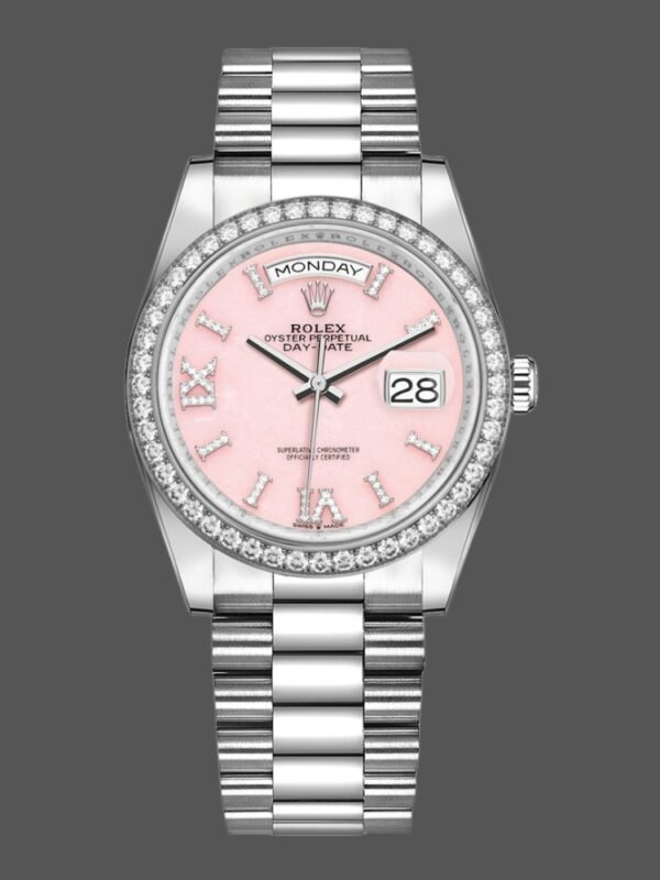 Rolex Day-Date 128349RBR Pink Opal Dial Diamond Bezel 36MM Unisex Replica Watch - Image 1