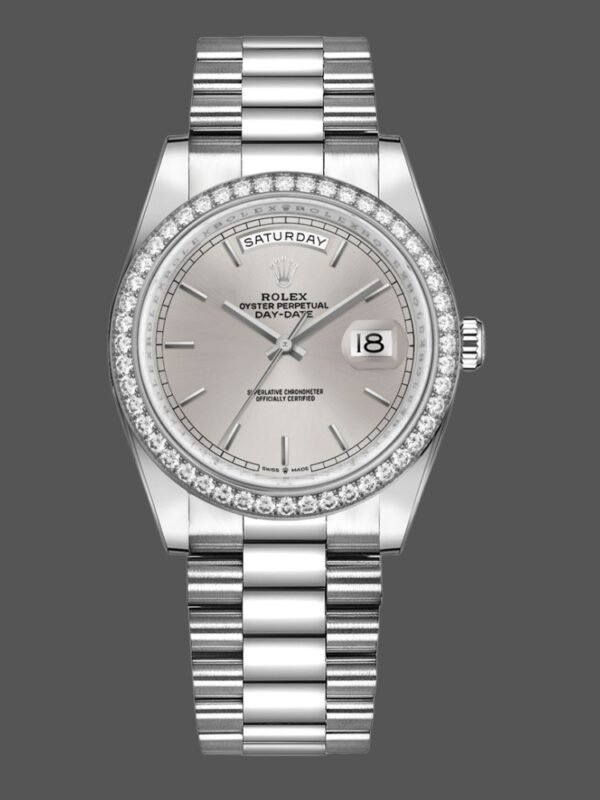 Rolex Day-Date 128349RBR Silver Index Dial Diamond Bezel 36MM Unisex Replica Watch - Image 1