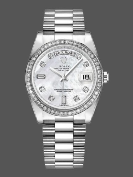 Rolex Day-Date 128349RBR White Mother of Pearl Dial Diamond Bezel 36MM Unisex Replica Watch