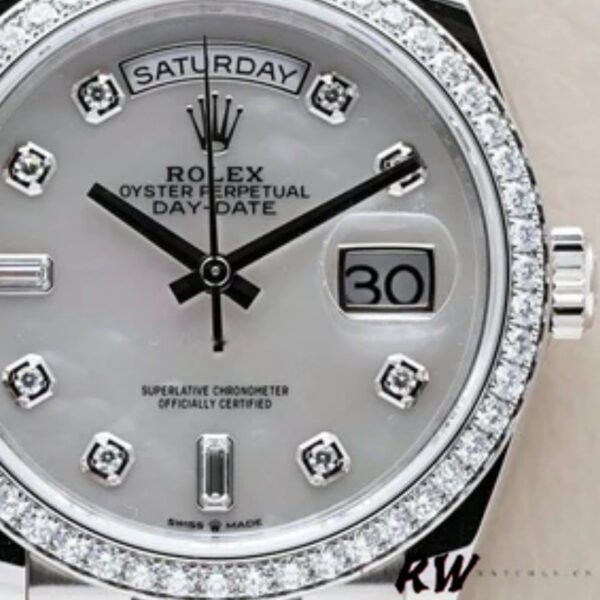 Rolex Day-Date 128349RBR White Mother of Pearl Dial Diamond Bezel 36MM Unisex Replica Watch - Image 4