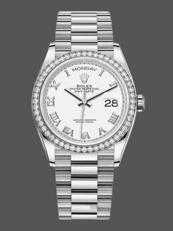 Rolex Day-Date 128349RBR White Roman Dial Diamond Bezel 36MM Unisex Replica Watch - Image 1