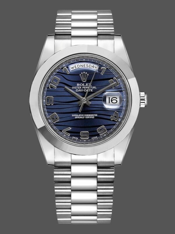 Rolex Day-Date 218206 Wave Pattern Blue Dial Platinum 41MM Mens Replica Watch - Image 1