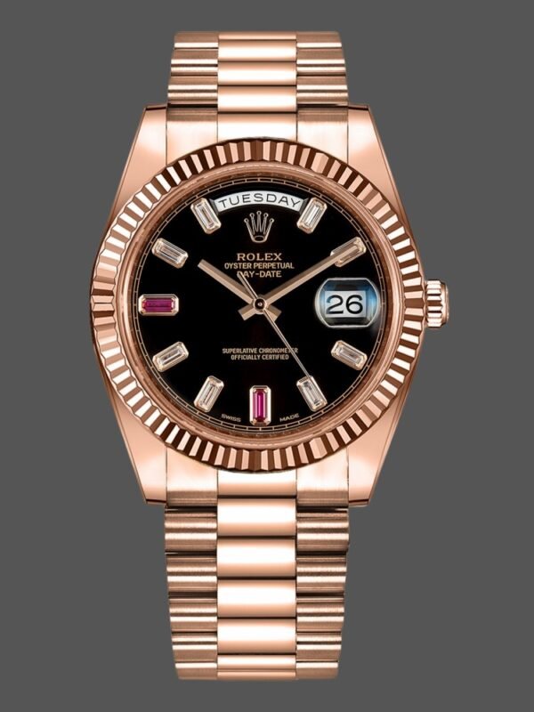 Rolex Day-Date 218235 Diamonds and Rubies Black Dial Rose Gold 41MM Mens Replica Watch - Image 1