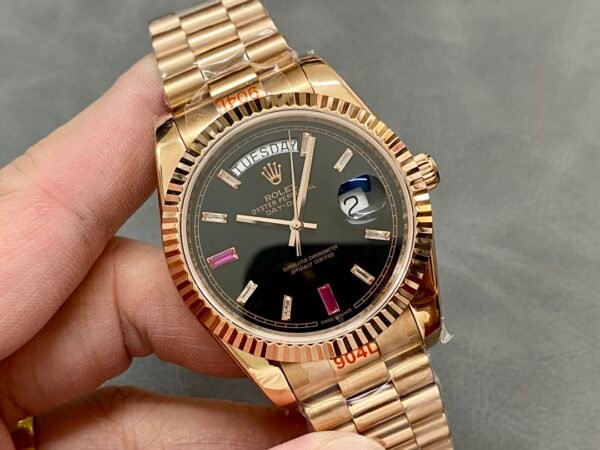 Rolex Day-Date 218235 Diamonds and Rubies Black Dial Rose Gold 41MM Mens Replica Watch - Image 4