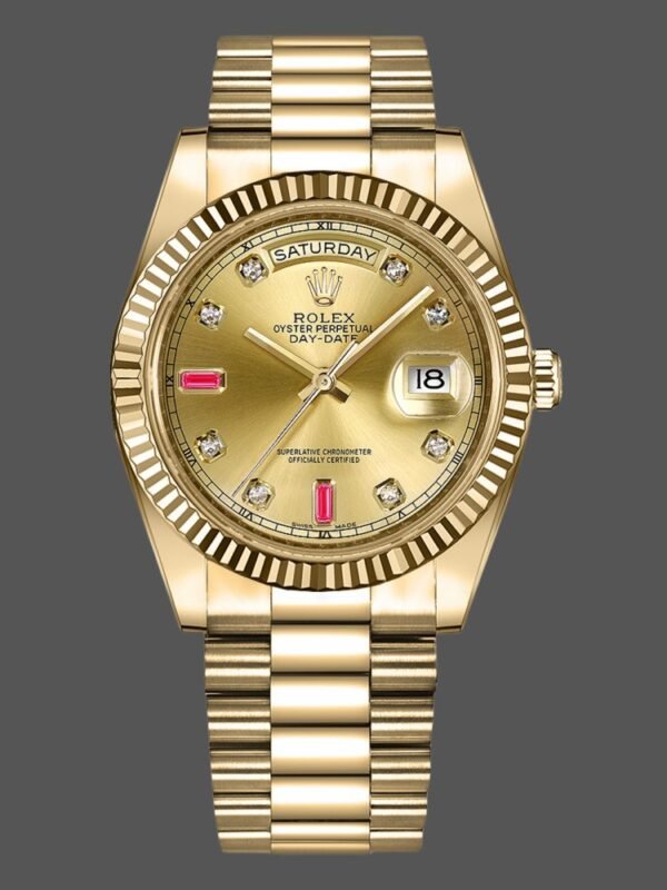 Rolex Day-Date 218238 Champagne Ruby Dial Yellow Gold 41MM Mens Replica Watch - Image 1