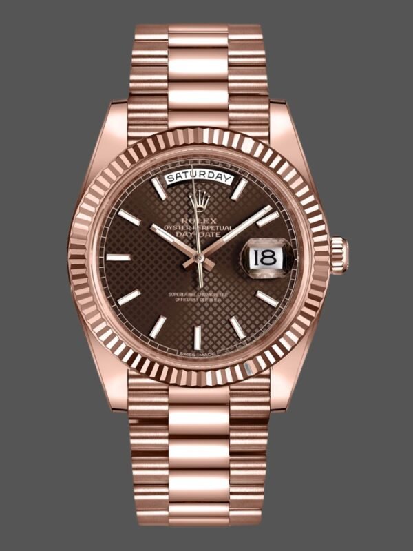 Rolex Day-Date 228235 Chocolate Brown Diagonal Motif Dial Fluted Bezel 40mm Mens Replica Watch - Image 1