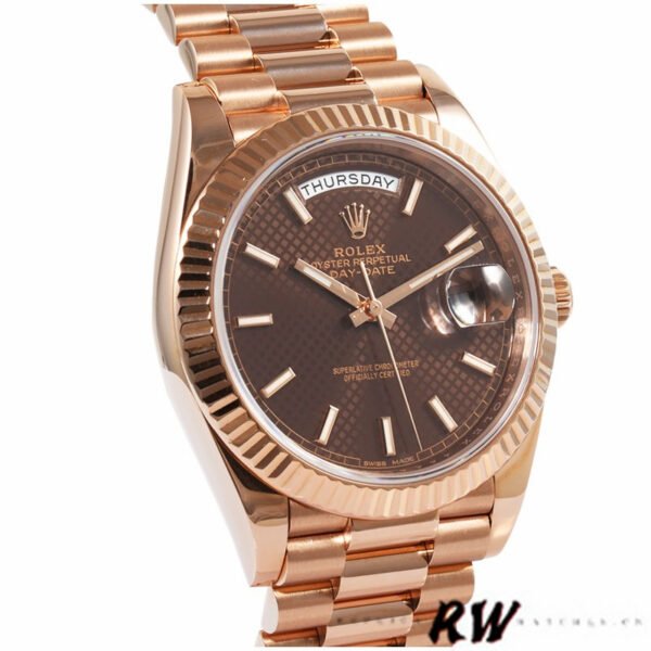 Rolex Day-Date 228235 Chocolate Brown Diagonal Motif Dial Fluted Bezel 40mm Mens Replica Watch - Image 3