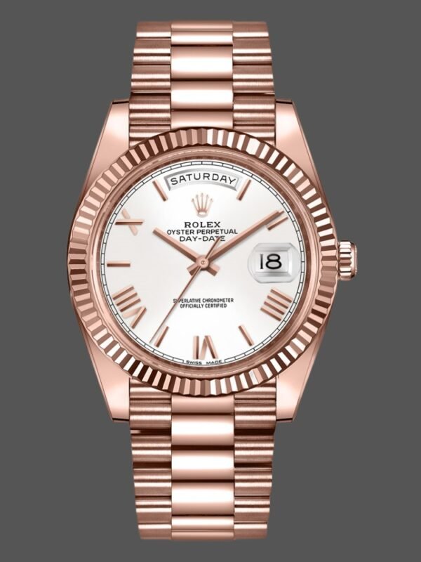 Rolex Day-Date 228235 White Roman Numeral Dial Fluted Bezel 40mm Mens Replica Watch - Image 1