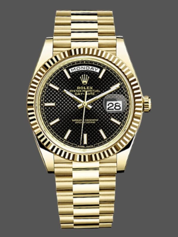 Rolex Day-Date 228238 Black Diagonal Motif Dial Fluted Bezel 40mm Mens Replica Watch - Image 1