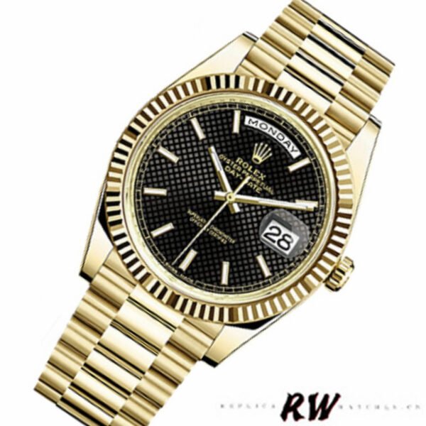 Rolex Day-Date 228238 Black Diagonal Motif Dial Fluted Bezel 40mm Mens Replica Watch - Image 2