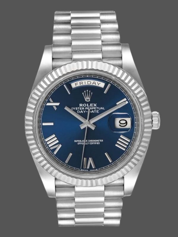 Rolex Day-Date 228239 Blue Roman Dial Fluted Bezel 40mm Mens Replica Watch - Image 1