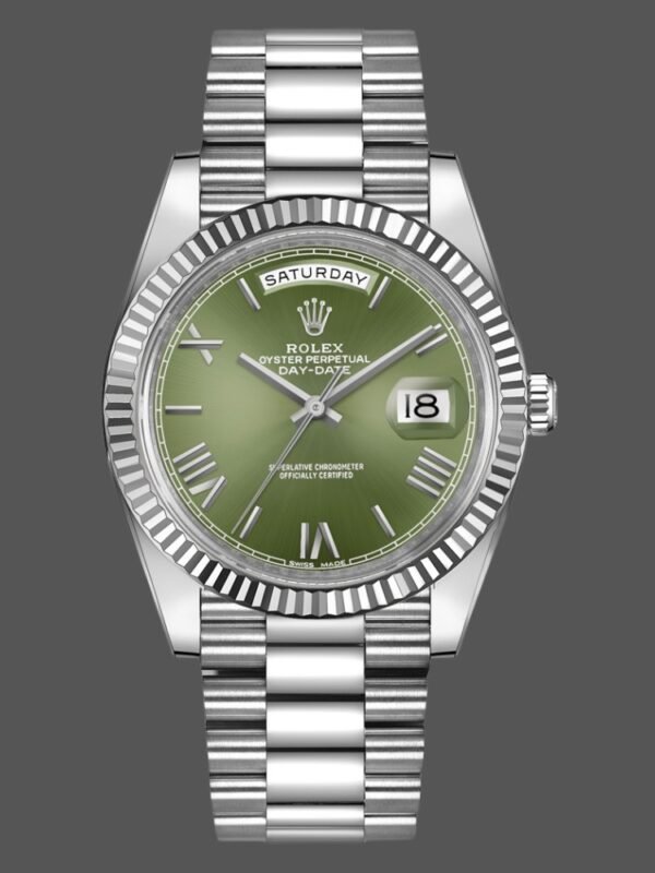 Rolex Day-Date 228239 Olive Green Roman Dial Fluted Bezel 40mm Mens Replica Watch - Image 1