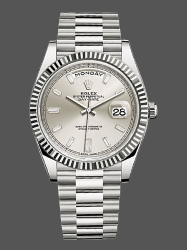 Rolex Day-Date 228239 Silver Baguette Diamond Dial Fluted Bezel 40mm Mens Replica Watch - Image 1