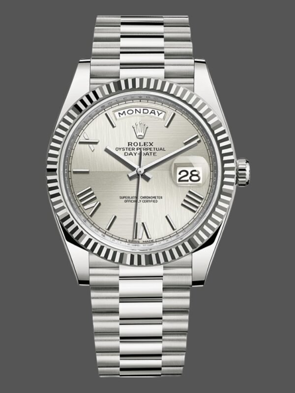 Rolex Day-Date 228239 Silver Quadrant Motif Roman Dial Fluted Bezel 40mm Mens Replica Watch - Image 1