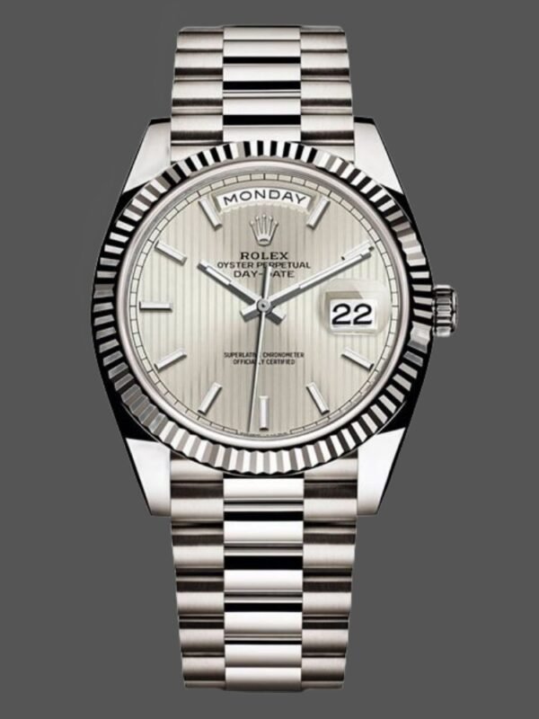 Rolex Day-Date 228239 Silver Stripe Motif Dial Fluted Bezel 40mm Mens Replica Watch - Image 1