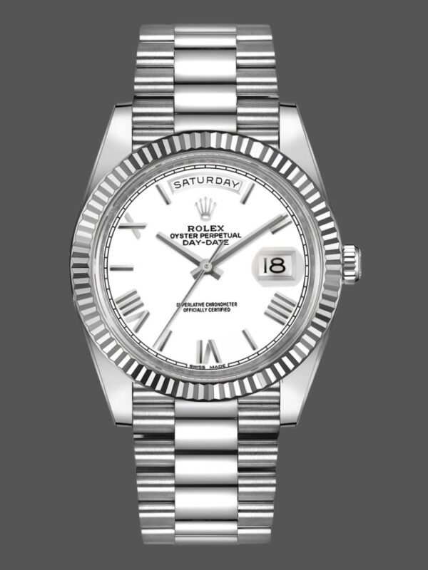 Rolex Day-Date 228239 White Roman Dial Fluted Bezel 40mm Mens Replica Watch - Image 1