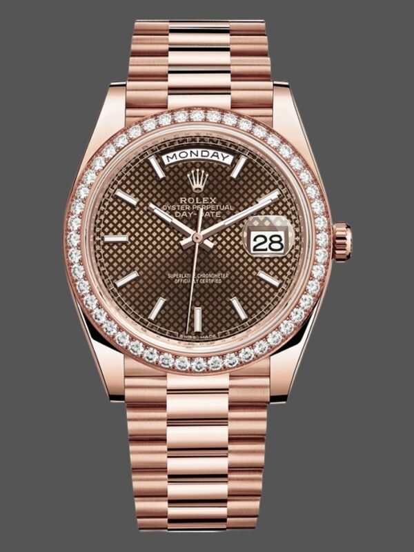 Rolex Day-Date 228345RBR Chocolate Brown Diagonal Motif Dial Diamond Bezel 40mm Mens Replica Watch - Image 1