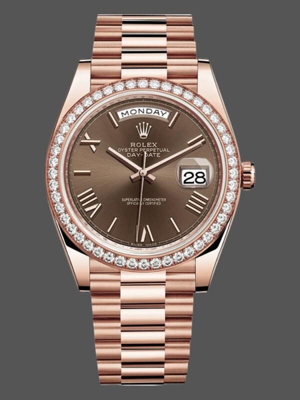 Rolex Day-Date 228345RBR Chocolate Brown Roman Dial Diamond Bezel 40mm Mens Replica Watch - Image 1