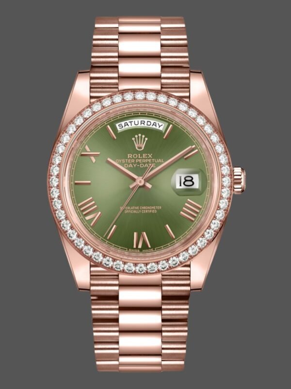 Rolex Day-Date 228345RBR Olive Green Roman Dial Diamond Bezel 40mm Mens Replica Watch - Image 1