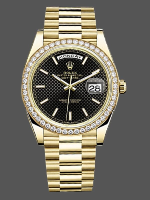 Rolex Day-Date 228348RBR Black Diagonal Motif Dial Diamond Bezel 40mm Mens Replica Watch - Image 1