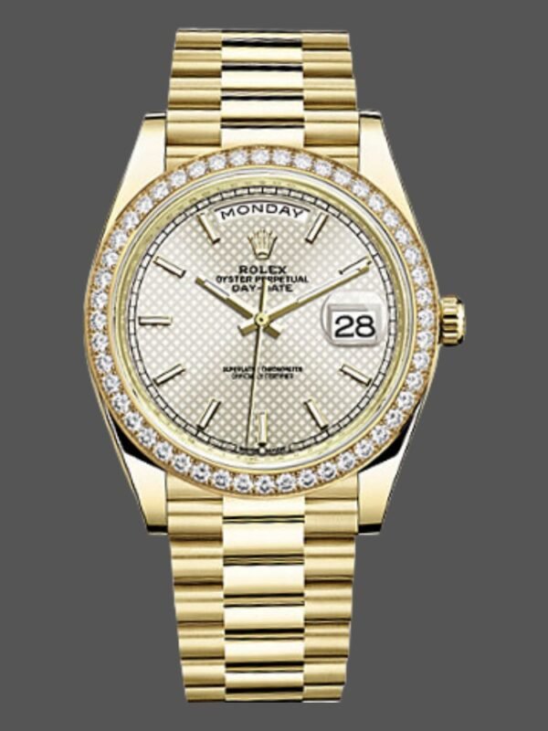 Rolex Day-Date 228348RBR Silver Diagonal Motif Dial Diamond Bezel 40mm Mens Replica Watch - Image 1