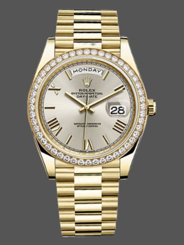 Rolex Day-Date 228348RBR Silver Roman Dial Diamond Bezel 40mm Mens Replica Watch - Image 1