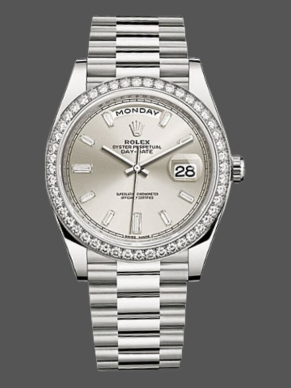 Rolex Day-Date 228349RBR Silver Dial Diamond Bezel 40mm Mens Replica Watch - Image 1