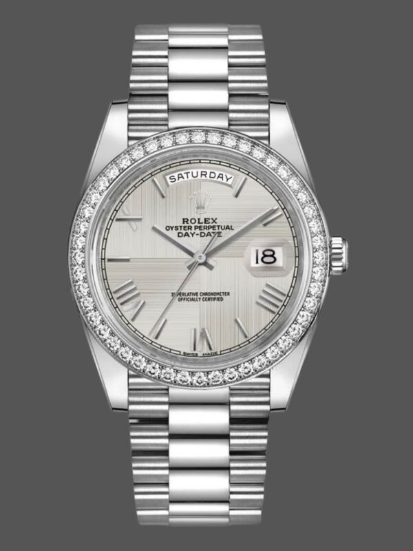 Rolex Day-Date 228349RBR Silver Roman Dial Diamond Bezel 40mm Mens Replica Watch - Image 1