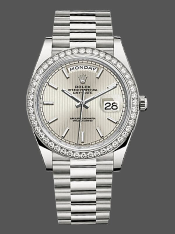 Rolex Day-Date 228349RBR Silver Stripe Motif Dial Diamond Bezel 40mm Mens Replica Watch - Image 1