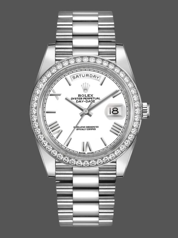 Rolex Day-Date 228349RBR White Roman Dial Diamond Bezel 40mm Mens Replica Watch - Image 1