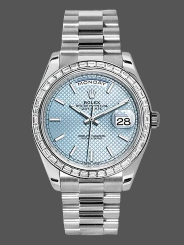 Rolex Day-Date 228396TBR Ice Blue Diagonal Motif Dial Diamond Bezel 40mm Mens Replica Watch - Image 1