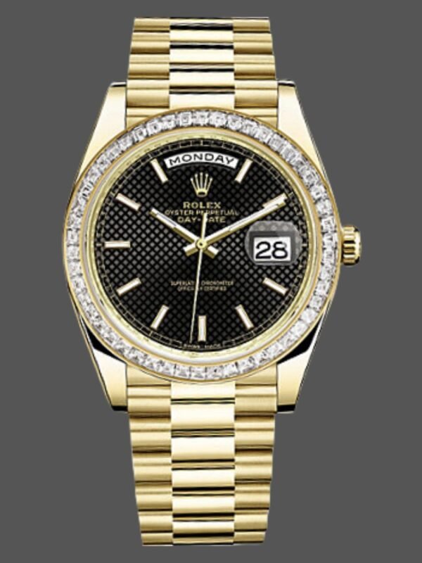 Rolex Day-Date 228398TBR Black Diagonal Motif Dial Diamond Bezel 40mm Mens Replica Watch - Image 1
