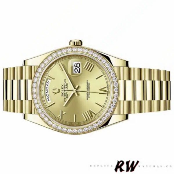 Rolex Day-Date 228398TBR Champagne Roman Numeral Dial Diamond Bezel 40mm Mens Replica Watch - Image 4