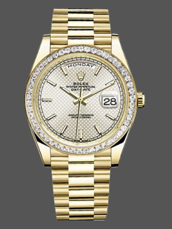 Rolex Day-Date 228398TBR Silver Diagonal Motif Dial Diamond Bezel 40mm Mens Replica Watch - Image 1