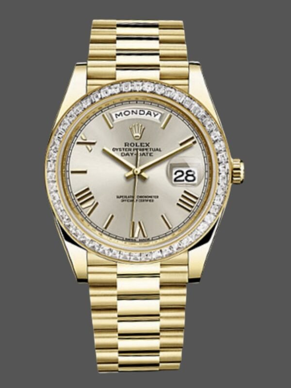 Rolex Day-Date 228398TBR Silver Roman Numeral Dial Diamond Bezel 40mm Mens Replica Watch - Image 1