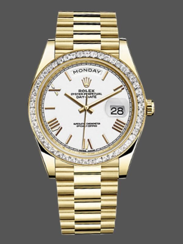 Rolex Day-Date 228398TBR White Roman Numeral Dial Diamond Bezel 40mm Mens Replica Watch - Image 1